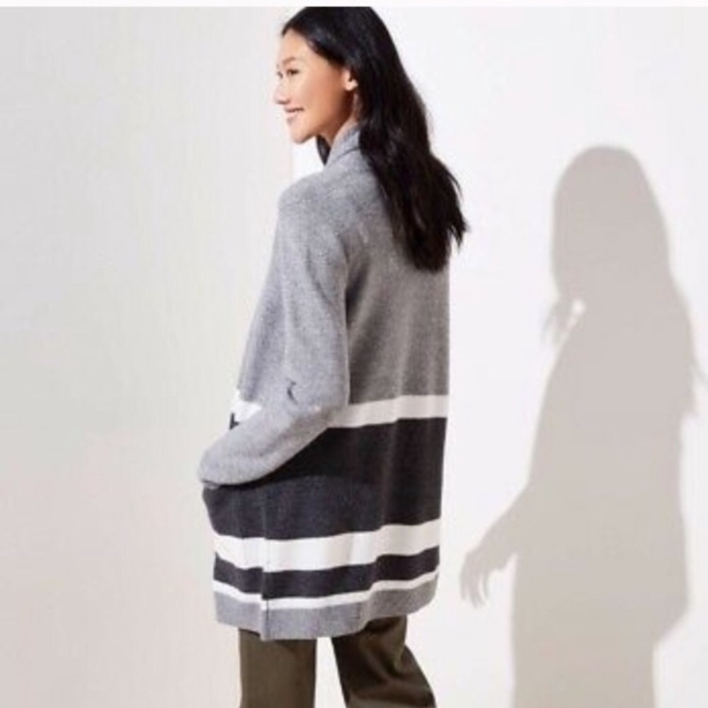 Loft Gray Stripe Open Cardigan Sweater Size XL NWT - Picture 2 of 9